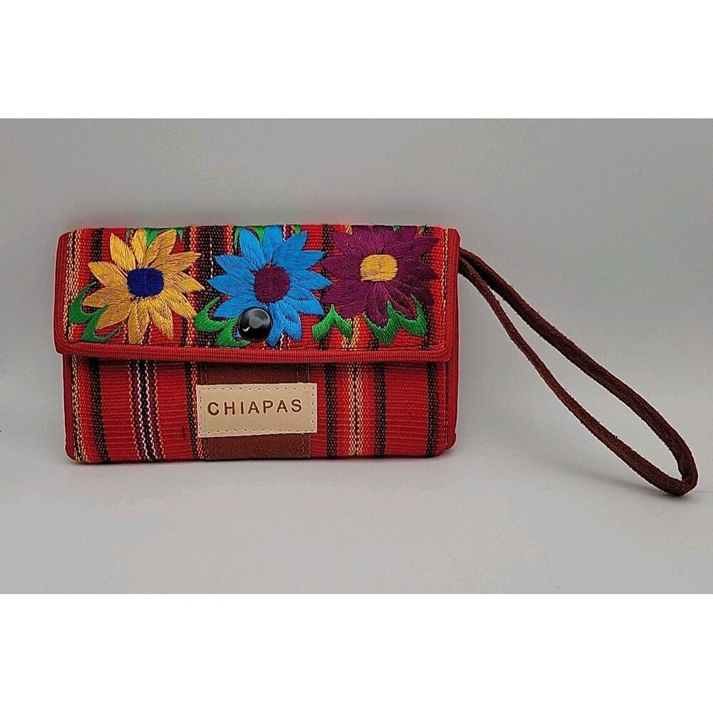 Chiapas Clutch Wallet Wristlet Handmade Woven Fabric & Suede 6½"x4" Embroidered